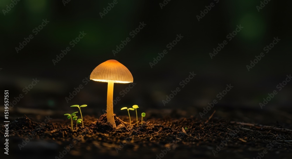 Glowing mushroom on forest ground with small sprouts Glowing mushroom on forest ground with small sprouts