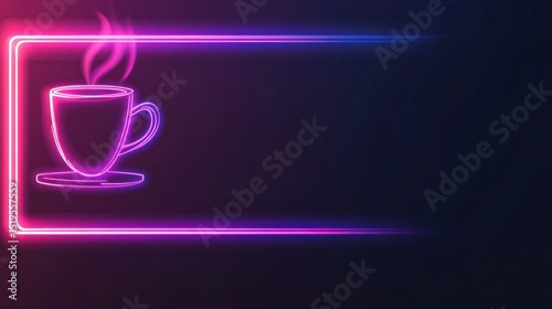 Glowing neon framed coffee cup steams against a dark, gradient-colored (purple/blue) backdrop