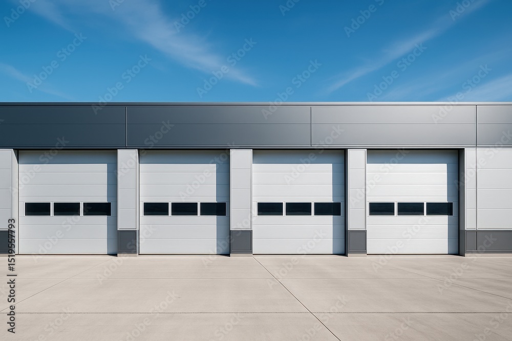 Featuring a contemporary industrial structure, the setting includes four sleek garage doors lined up, with a bright blue sky providing a vibrant backdrop, highlighting the architecture Featuring a contemporary industrial structure, the setting includes four sleek garage doors lined up, with a bright blue sky providing a vibrant backdrop, highlighting the architecture