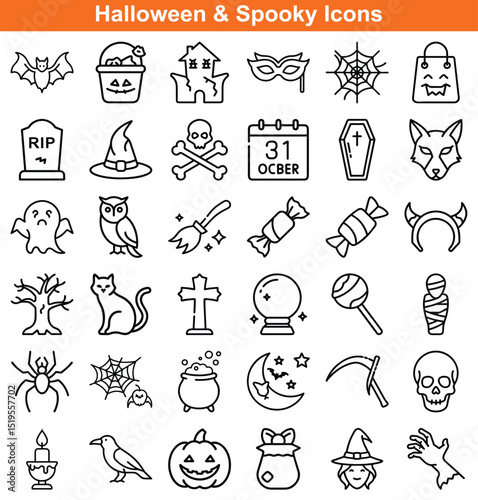 Halloween Spooky Icon Set of Tombstone, Bat, Witch Hat, and More