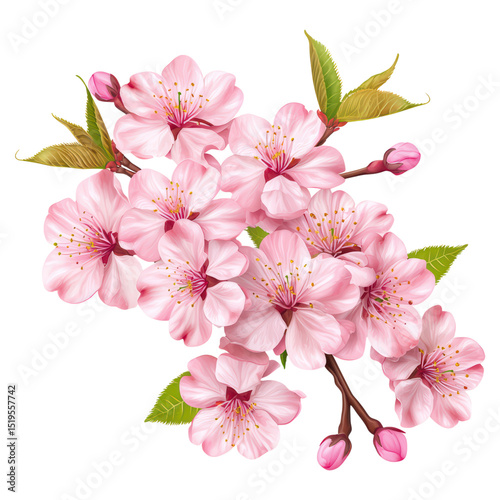 Delicate Cherry Blossom Branch with Vibrant Pink Flowers Against White Background, isolated on transparent background.