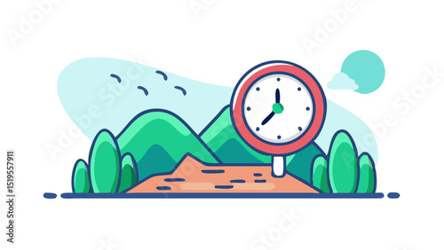 Landscape with a clock illustrating the passage of time and nature in a serene environment
