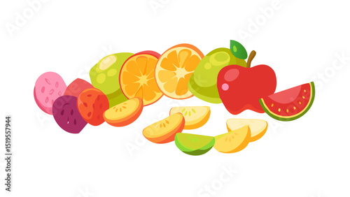 Vibrant assortment of colorful fruits showcasing apples, oranges, melons, and more in a playful arrangement