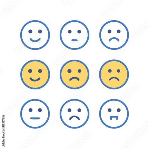 Grid of nine emoticons displaying various facial expressions as a representation of different emotions and moods