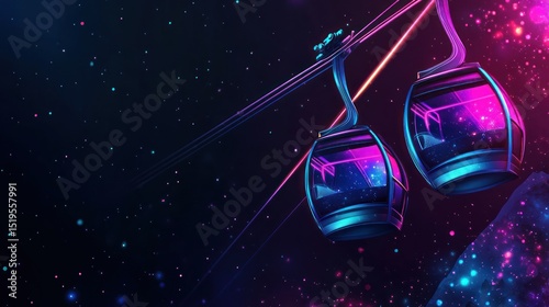 Neon-lit gondolas against a starry, cosmic sky, mountain peak showing