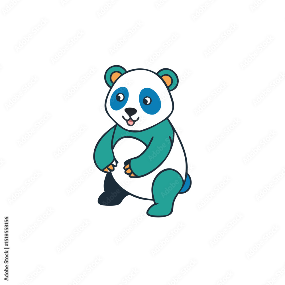 Fototapeta premium Cute cartoon panda standing on its hind legs, showcasing playful expression in a minimalistic style with vibrant colors