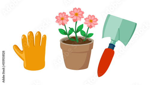 Gardening tools and flowers ready for planting in a sunny outdoor setting on a warm spring day
