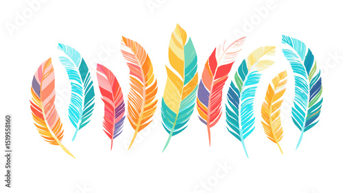Colorful feathers arranged in a creative pattern showcasing vibrant hues and intricate designs