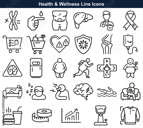 Health and Wellness Icon Set Diet, Fitness, Medical, and Lifestyle Elements
