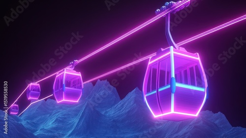 Neon-lit cable cars ascend over stark mountain peaks against a dark, starless sky
