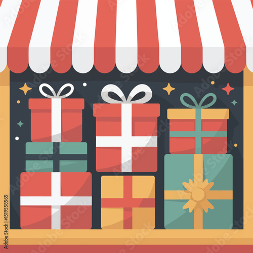 Festive gift shop display with colorful presents and striped awning for holiday celebrations
