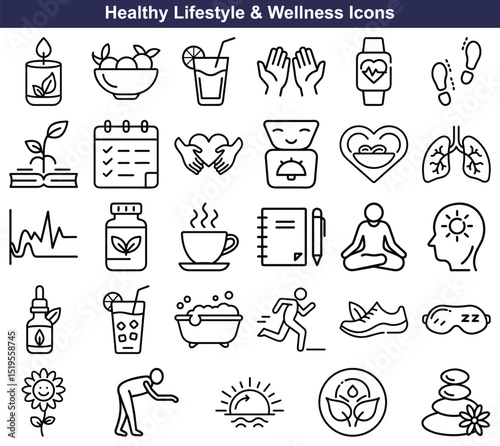 Health and Wellness Icon Set Healthy Lifestyle, Fitness, Meditation, and Relaxation Elements
