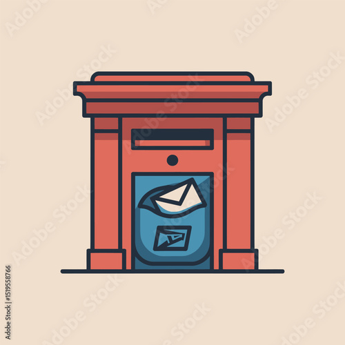 Flat illustration of a vibrant red mailbox featuring an envelope inside the letter slot and a clear blue pane, perfect for postal and communication projects