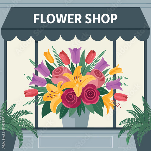 Floral arrangement displayed in a flower shop window with colorful roses lilies and tulips in a flat vector illustration