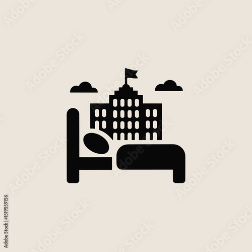 Hotel concept illustration featuring a simplified building above a comfortable bed representing accommodation and travel