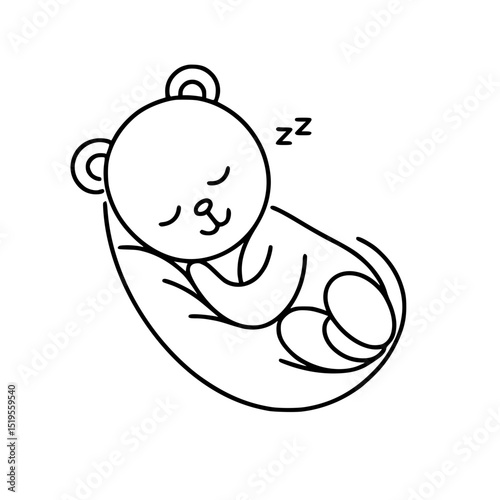 Sleeping bear cub in a cozy position with a peaceful expression - Concept of single line outline vector  