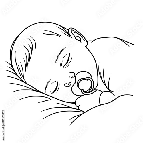 Newborn baby sleeping peacefully with a pacifier on soft bedding - Concept of single line outline vector  
