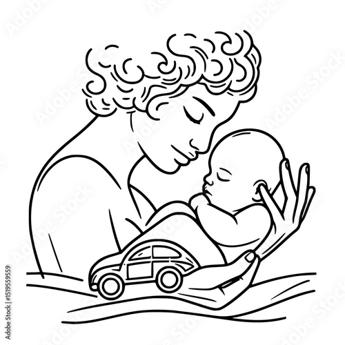 Mother gently cradling sleeping baby with toy car in arms - Concept of single line outline vector  