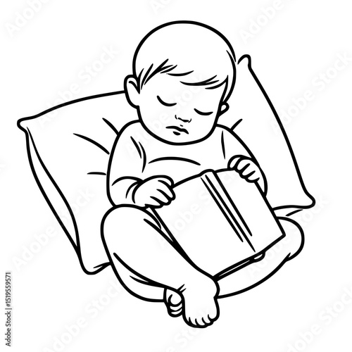 Sleeping baby reading a book on a pillow in a cozy setting - Concept of single line outline vector  