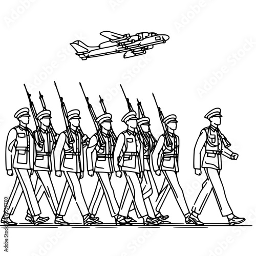 Soldiers marching in formation on parade with airplanes overhead - Single Line Vector Contour Concept