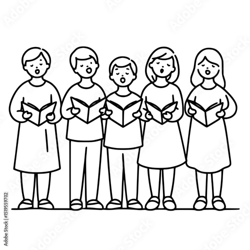 Group of people singing while holding open books in a line , single line vector  