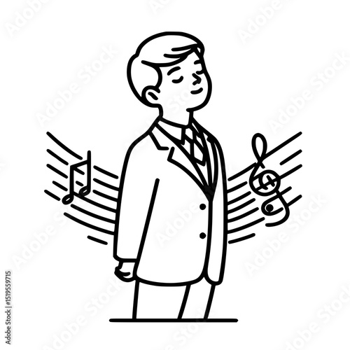 Young man enjoying music standing on background of notes, soloist - Single line vector outline concept