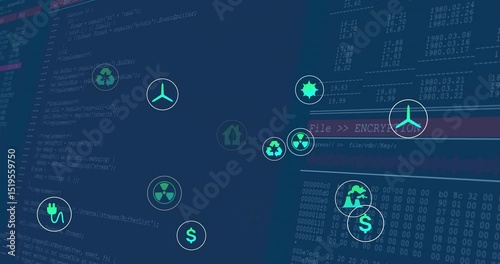 plug icon fading starting energy recycle icons clustering and pulsing on code encryption interface