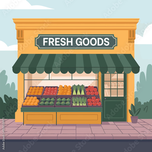 Illustration of a charming fresh produce shop featuring various fruits and vegetables for healthy eating and local grocery shopping