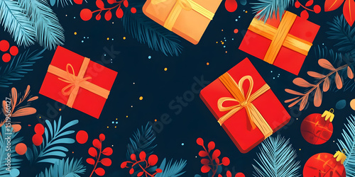 christmas, gift, box, present, holiday, ribbon, bow, celebration, decoration, birthday, xmas, card, winter, vector, illustration, design, surprise, snow, year, red, new, tree, package, snowflake, pape