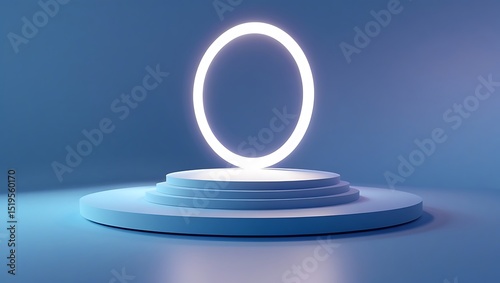 Abstract blue studio with neon oval light and platform