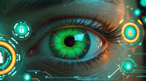Cybersecurity futuristic eye with digital lock interface