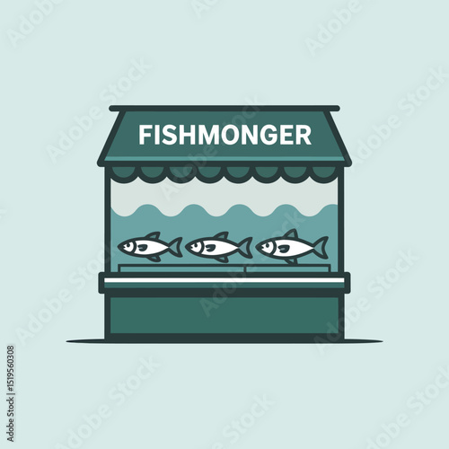 Illustration of a fishmonger stall displaying fresh fish in a modern flat design with decorative waves and shop sign