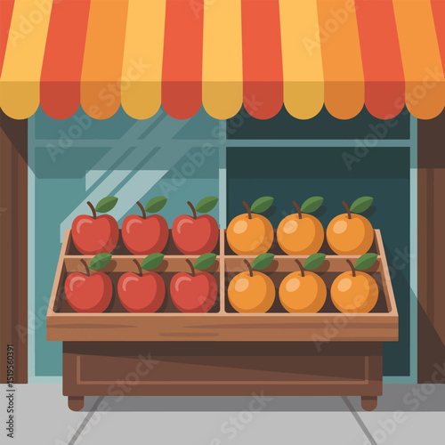 Illustration of a simple fruit stand displaying apples and oranges under a striped awning with a modern flat design