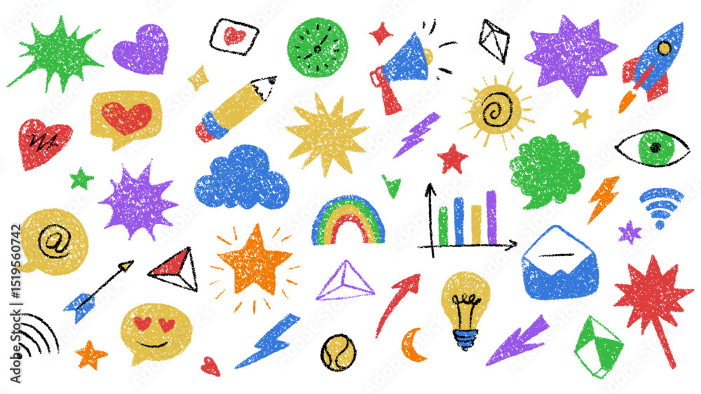 Colorful Crayon Doodle Icons Representing Various Concepts and Symbols Colorful Crayon Doodle Icons Representing Various Concepts and Symbols