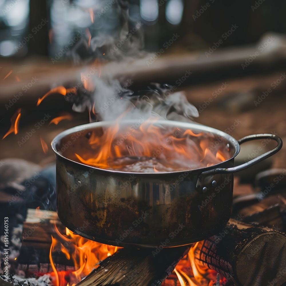 Cooking a meal in a pot over an open campfire surrounded by nature, with smoke rising and flames dancing Cooking a meal in a pot over an open campfire surrounded by nature, with smoke rising and flames dancing
