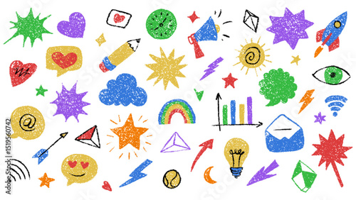 Colorful Crayon Doodle Icons Representing Various Concepts and Symbols