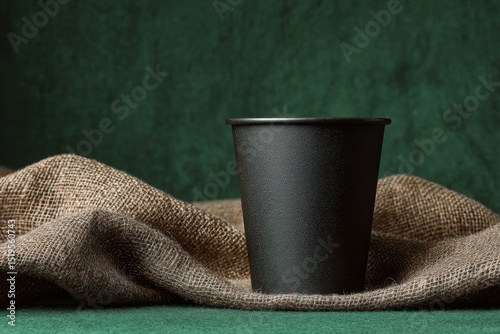 Black disposable coffee cup on a textured surface. photo