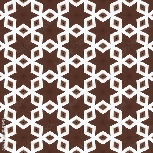 repeating pattern of white star-shaped rhombus motifs with dark centers on a brown background in moroccan style