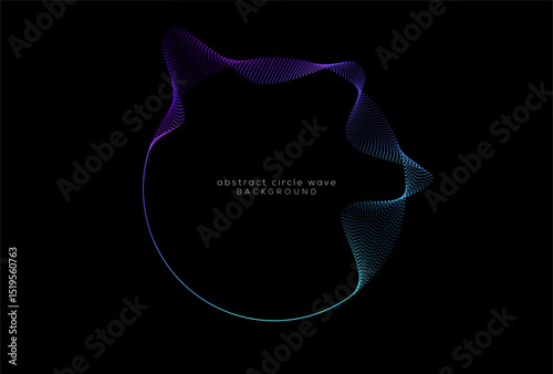 Abstract vector round shape of dot particle wavy flowing smooth curve gradient green violet spectrum light on black background. Suit for technology, science, music, modern, poster, flyer