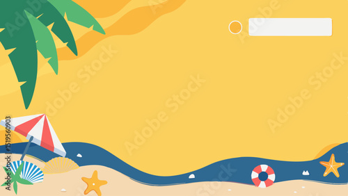 Tropical Beach Vacation Vibes Illustration Palm Trees Starfish Umbrella and Lifesaver Icons on Yellow Sand