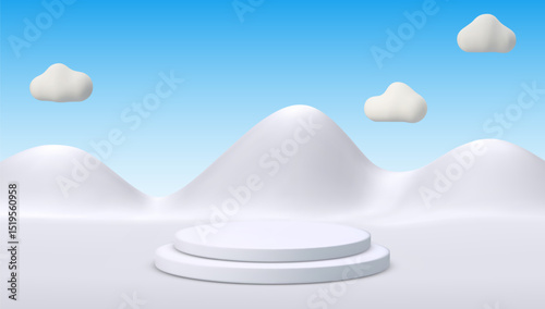 3D Vector Illustration of Minimalistic Snowy Mountains and Blue Platform