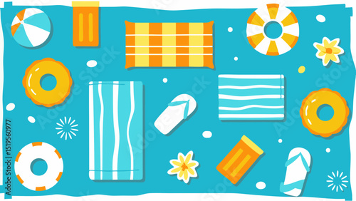 Beach Fun Elements Illustration Summer Vibes Beach Ball Towels Flip Flops Swimming Holiday Season and Happy