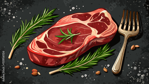 Close-up of raw Ribeye steak resting on a dark textured background, with coarse salt, cracked pepper, rosemary, and a vintage meat fork—perfect for barbecue, grill, texture, cooking, and beef vector d photo