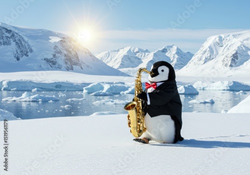 Penguin Playing Saxophone Antarctic Bird Musician With Instrument On Ice Funny Arctic Animal
