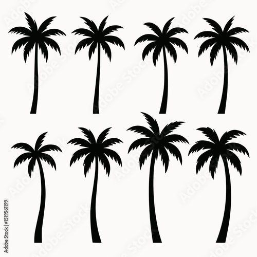 Black palm trees set isolated on white background. Palm silhouettes. Design of palm trees for posters, banners and promotional items. Vector illustration