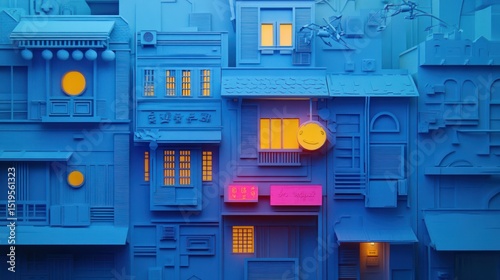 Blue cityscape model with glowing windows and some pink signage, compact arrangement