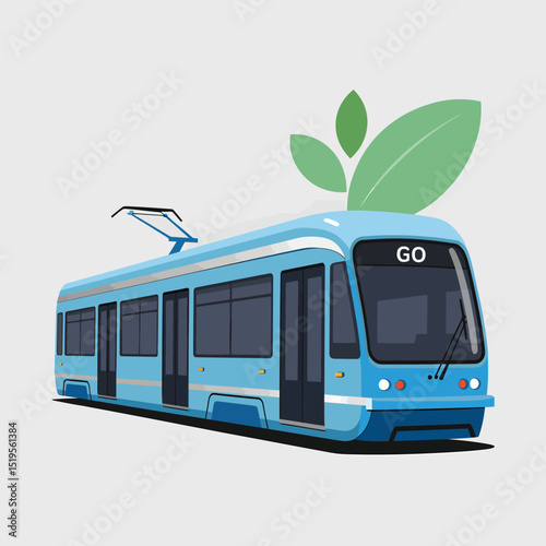 Modern blue electric tram with go sign and eco friendly leaves transportation concept on a light gray background