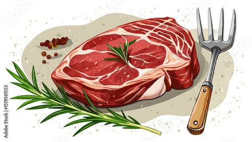 Close-up of raw Ribeye steak resting on a dark textured background, with coarse salt, cracked pepper, rosemary, and a vintage meat fork—perfect for barbecue, grill, texture, cooking, and beef vector d