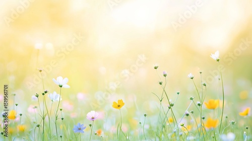 Soft focus image of a spring meadow with colorful wildflowers and a bright, sunny background.  Perfect for spring themes, nature backgrounds, and peaceful imagery.