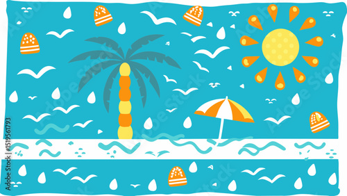 Tropical Beach Vector Art Summer Getaway Sunshine Paradise Vacation Palm Trees Seagulls Ocean Waves Turquoise